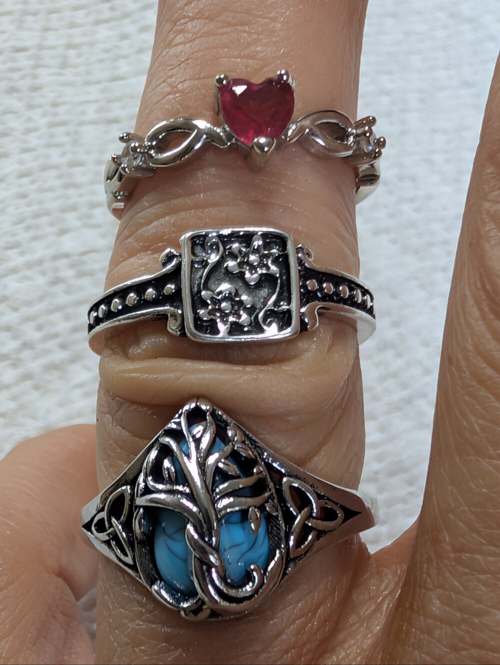 Three Silver Turquoise Floral Ruby Size 7 Ring Bundle